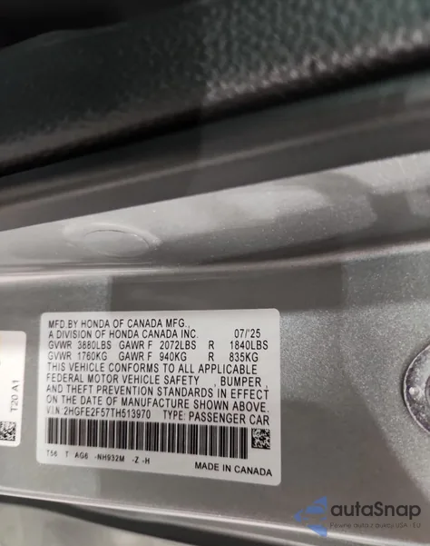 2026 Honda Civic Sport из США, поврежденный, VIN 2HGFE2F57TH513970